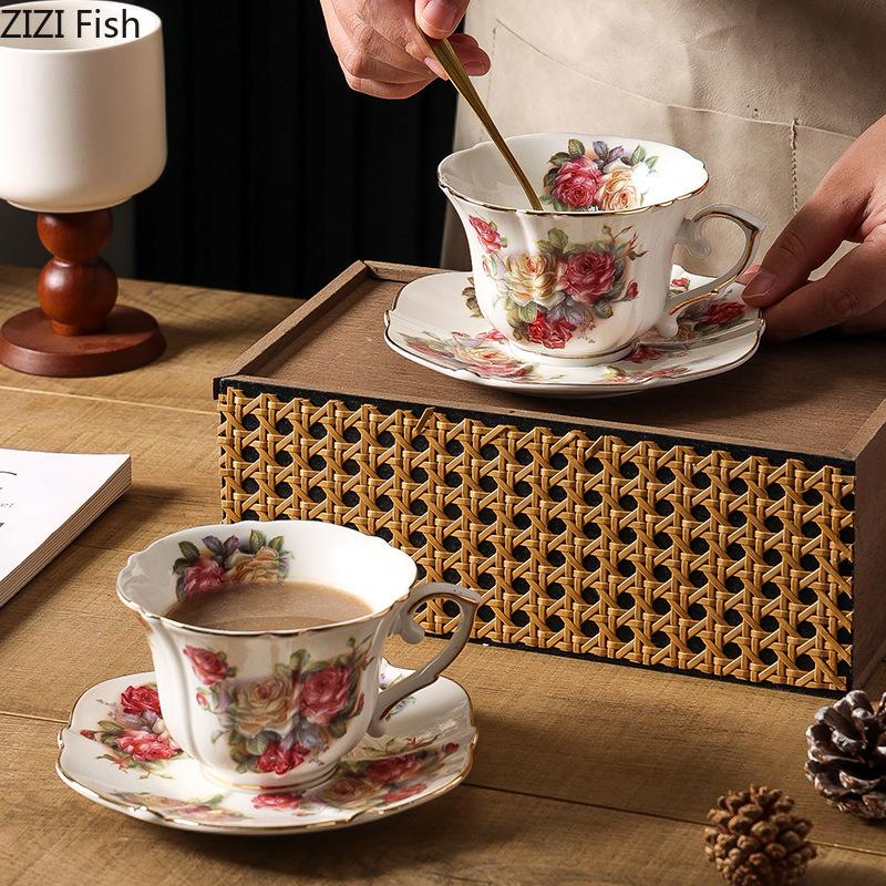 Rose Blooms Pattern Ceramic Cup&saucer Classic Mugs Dining Table Coffee Mug Milk Cups Afternoon Tea Teacup Fruit Juice Container