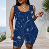 Women Plus Size Blue Floral Printed Scoop Neck Sleeveless Tank Top Fitted Shorts Two Piece Set
