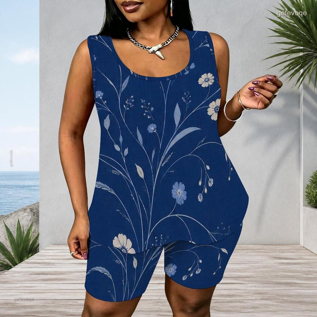 Women Plus Size Blue Floral Printed Scoop Neck Sleeveless Tank Top Fitted Shorts Two Piece Set