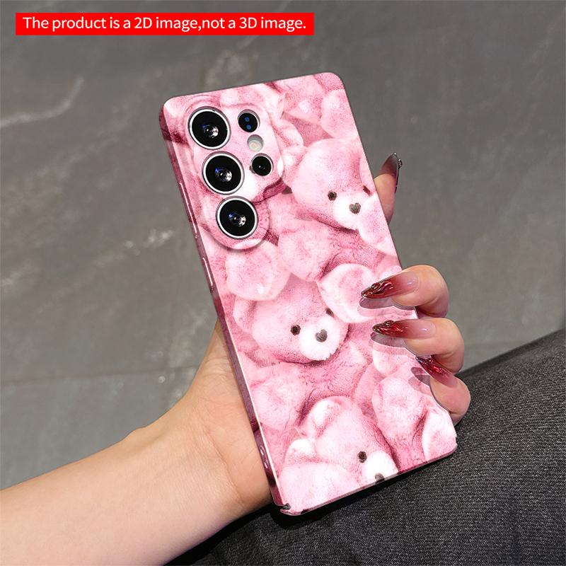 2DFlat Samsung Phone Case Pink Teddy Bear Fuzzy Pattern Phone Case Applicable To Galaxy S23 S24 S25ULTRA S26 A12 A14 A15 A16 A54 A55