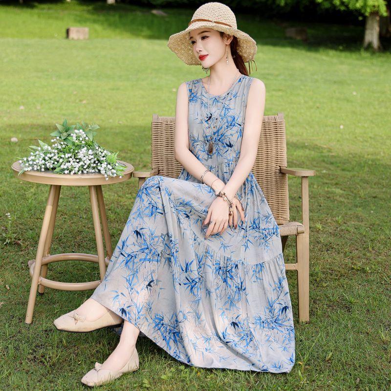 Sommer Fließendes Baumwollkleid Ärmellos Junge Frauen Strand Langes Kleid Urlaubs-Sommerkleid