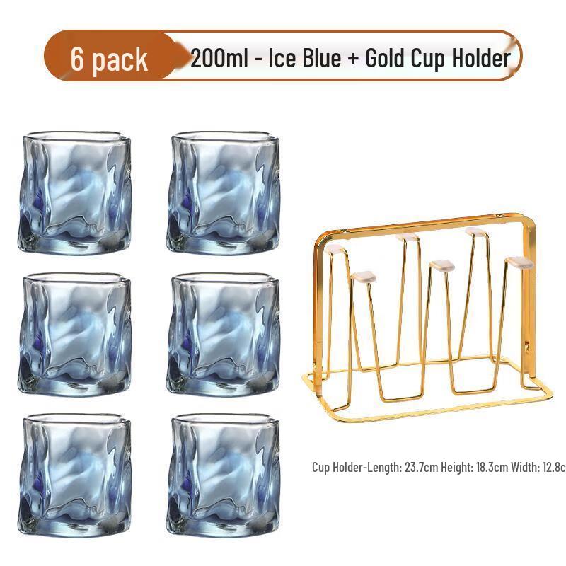 Ice Blue Twisted Whiskey Glass Set with Gold Holder