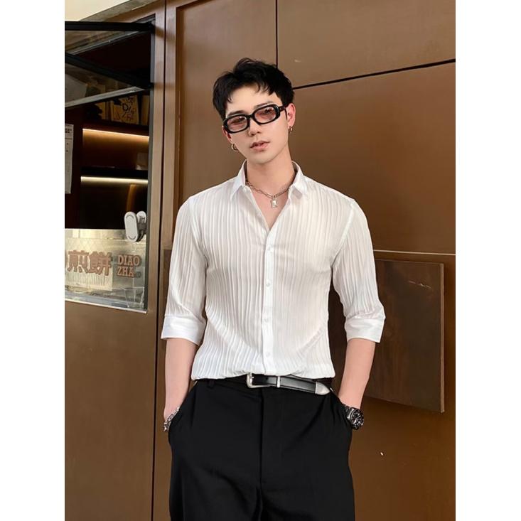 Yapi Youth Personality Internet Celebrity V-Ausschnitt-Shirt mit mittellangen Ärmeln für gutaussehende Männer, Slim Fit Casual Stehkragen Hooligan Handsome Shirt