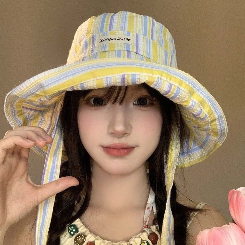 Lace-up Wide-edged Sun Hat Contrasting Color Wide Brim Fisherman Hat  Travel