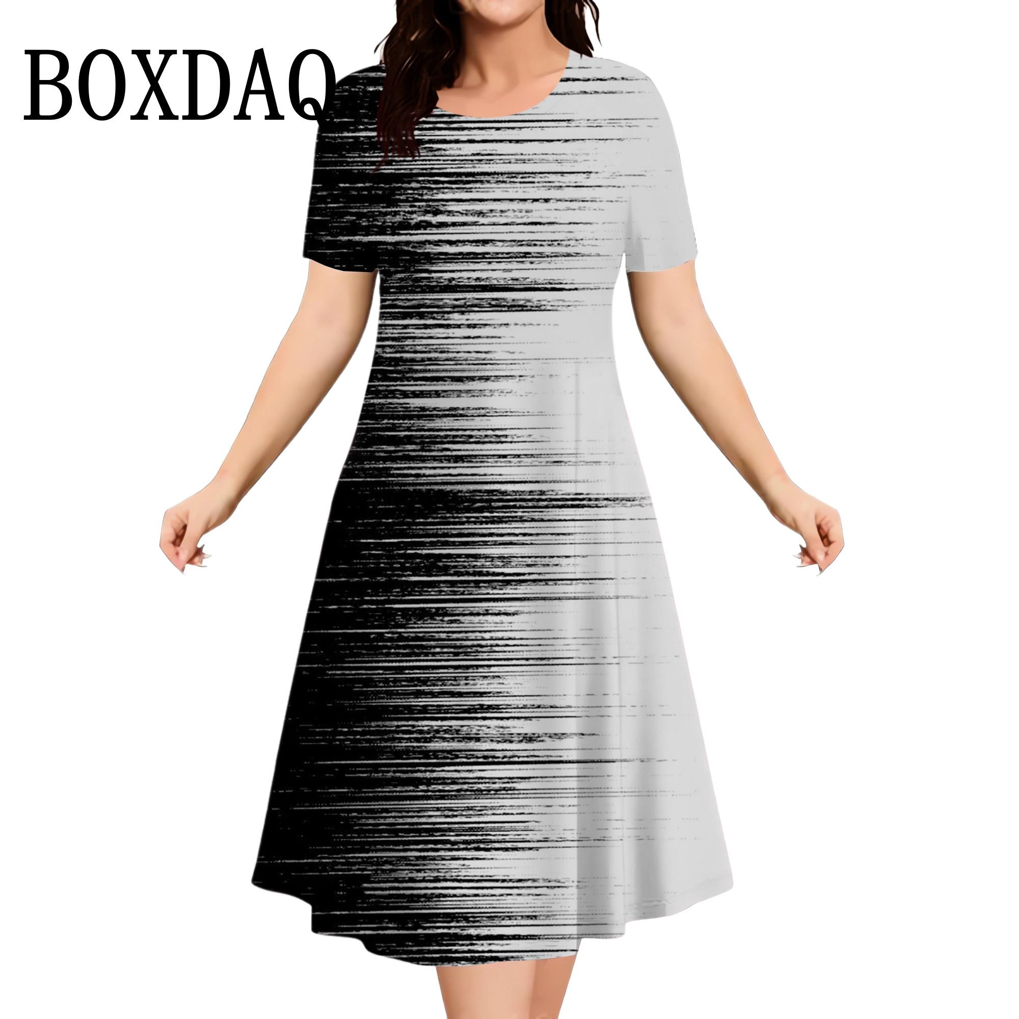

Літня жіноча сукня Модна сукня великого розміру з коротким рукавом Чорно-білий контрастний колір Вільна сукня А-силуету Одяг великих розмірів 8XL