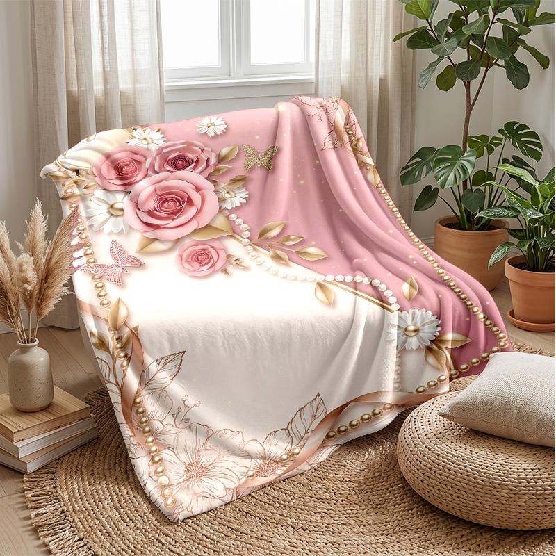 Elegant Floral Frame Theme Blanket Lightweight Warm Flannel Blanket Decorative Throw Blanket for Home Decoration
