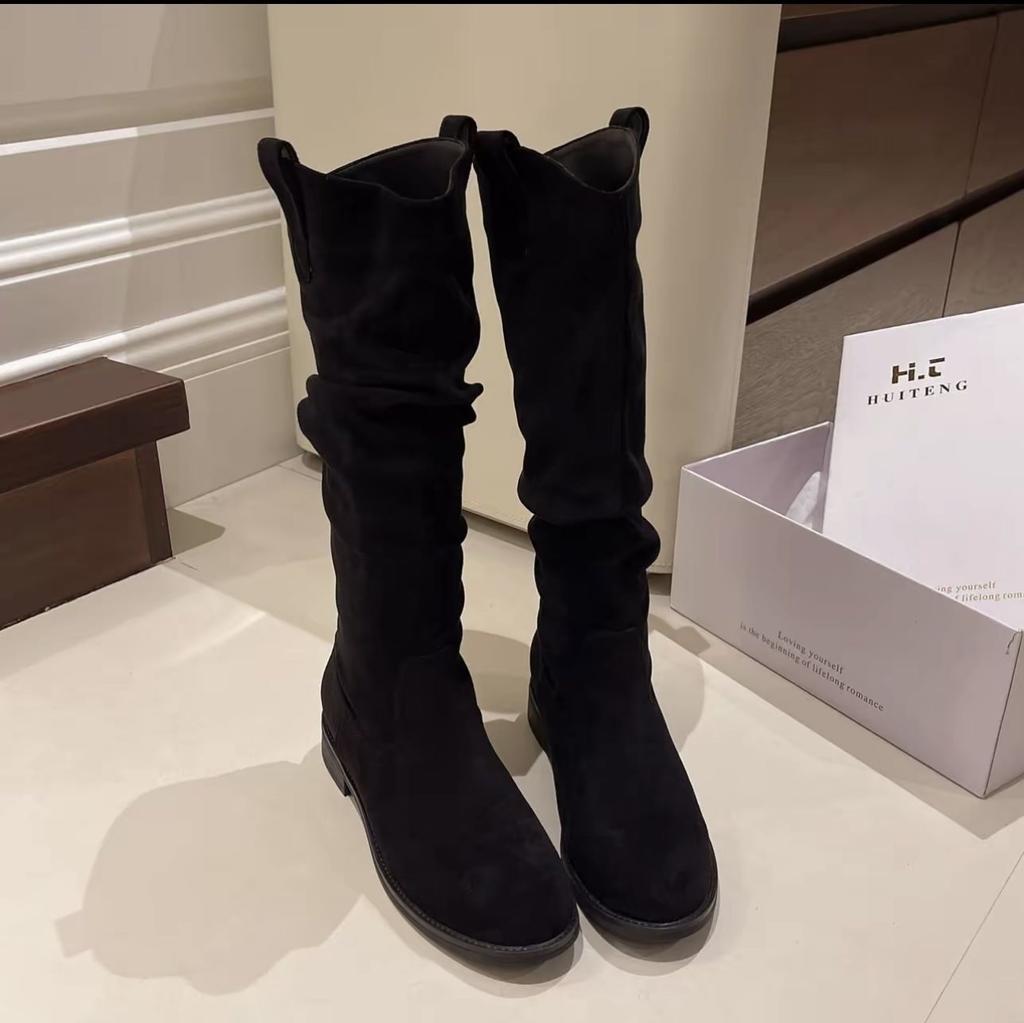 New Stacked Thick Heel Suede Spring and Autumn Cowboy Boots Retro 2025 Long Boots Women's Beauty Western High Boots Pleated Rad
