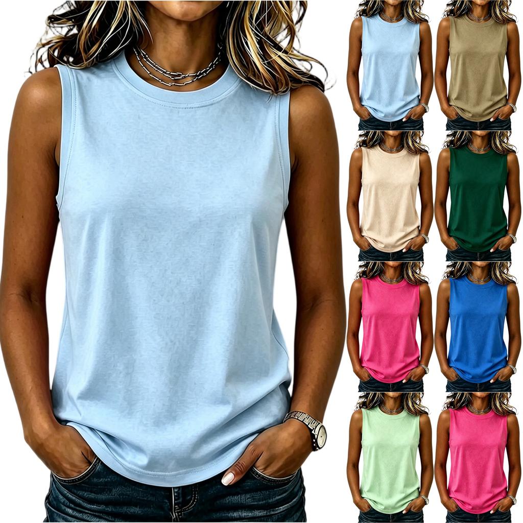Women Sleeveless Tank Top Crew Neck Solid Basic Casual Summer Shirt Lightweight Soft Fabric Comfortable Fit