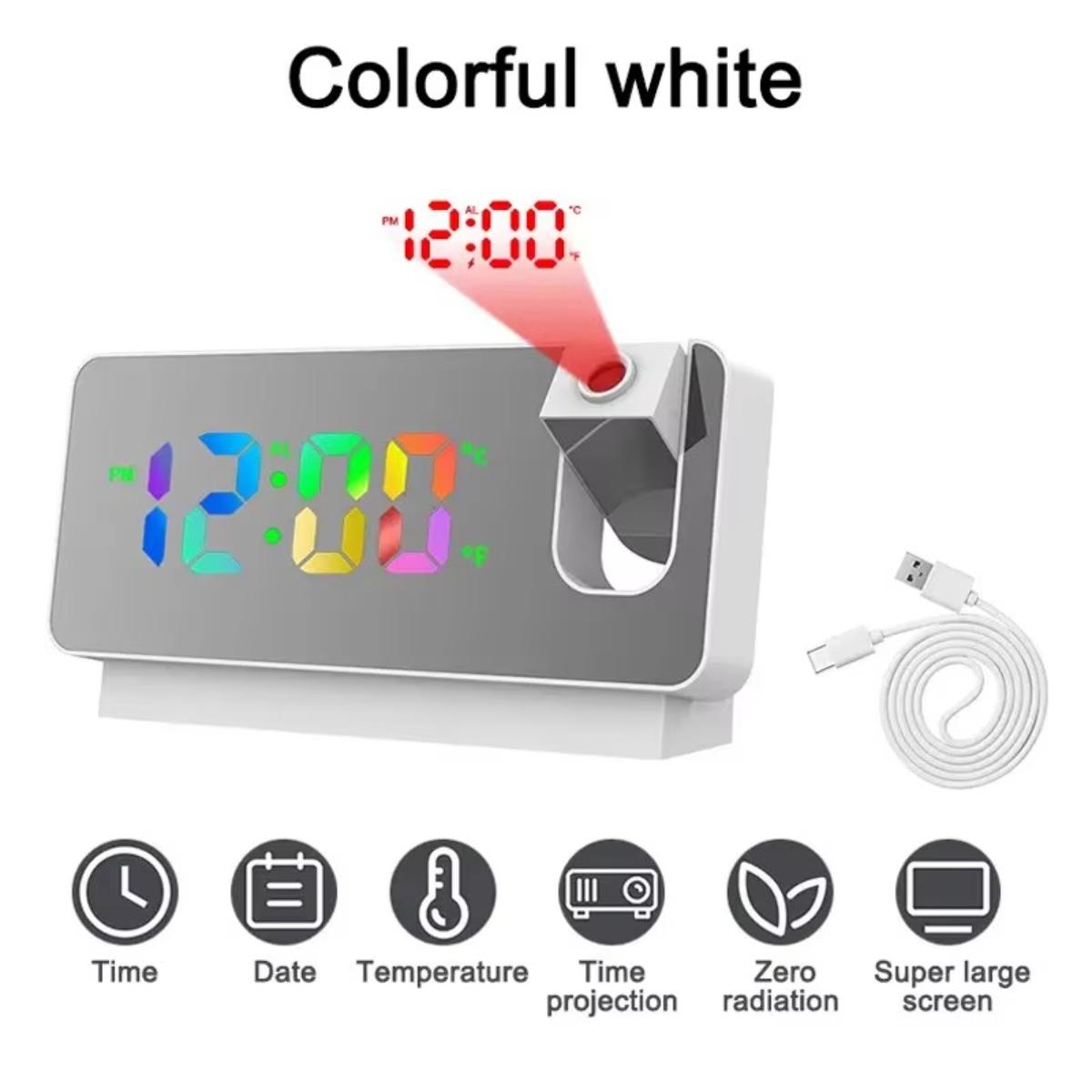 

Bedroom Ceiling Projection Alarm Clock, 180° Rotatable Time Projector with Colorful RGB Night Light, Digital LED Display Clock белый