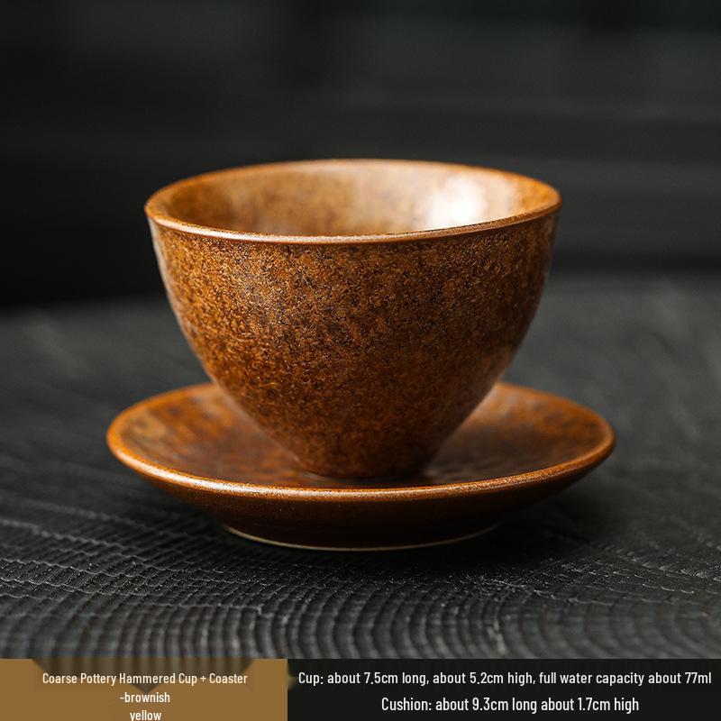 Handmade Jianzhan Coarse Pottery Teacup Set with Hammered Pattern - Retro Ceramic Kung Fu Tea Cup & Coaster