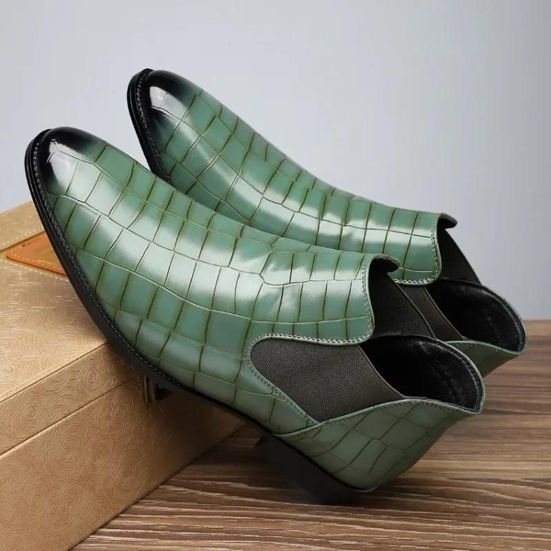 Fashion Chelsea Leather Men Boots High-top Side Zipper Round-toe Crocodile Pattern High Heel Versatile Casual Party Boots For Man botas