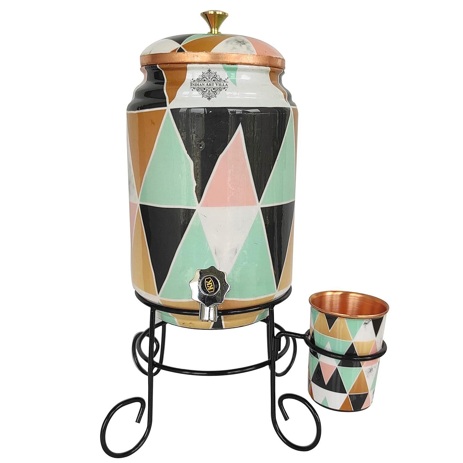 

Pure Copper Colorful Triangle Printed Design Water Pot Heavy Gauge with Brass Tap & Copper Glass & Stand, Storage & Serving Water, Volume- 5 Liters