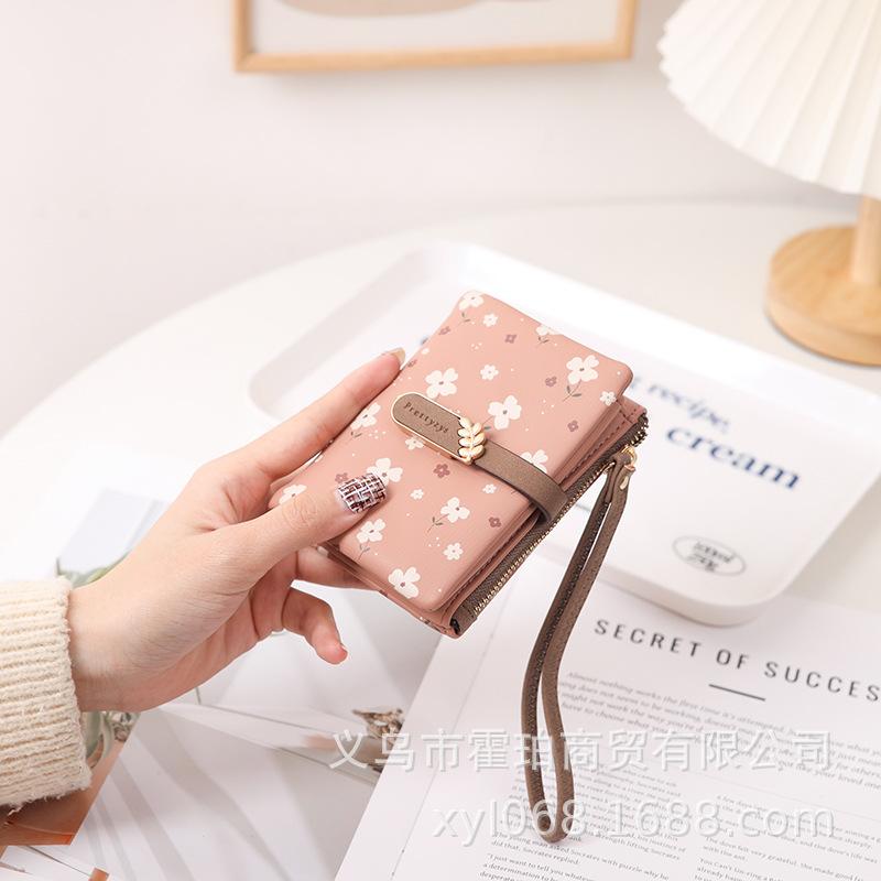Female Wallet PU Flower Zipper Multi Card Folding Handheld Coin Student Zero Wallet