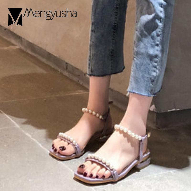 Pearl Narrow band slingback slip on gladiator sandalias woman beads metal decoration thick low heels shoes women sandals