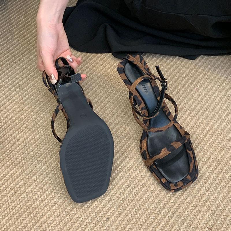 Fashion Fashion Square Toe Ladies High Heels Sandals Shoes Female Buckle Strap Footwear Metal Heels Sandals Shoes For Women Pumps