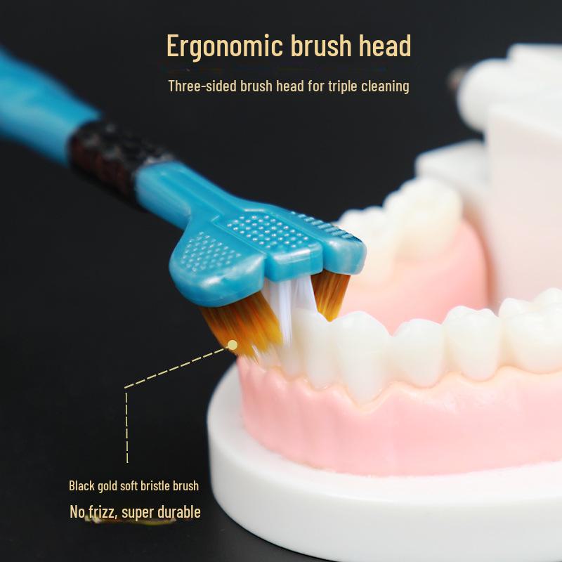Three-Sided Adult Toothbrush with Soft Bristles and Tongue Scraper for Men and Women