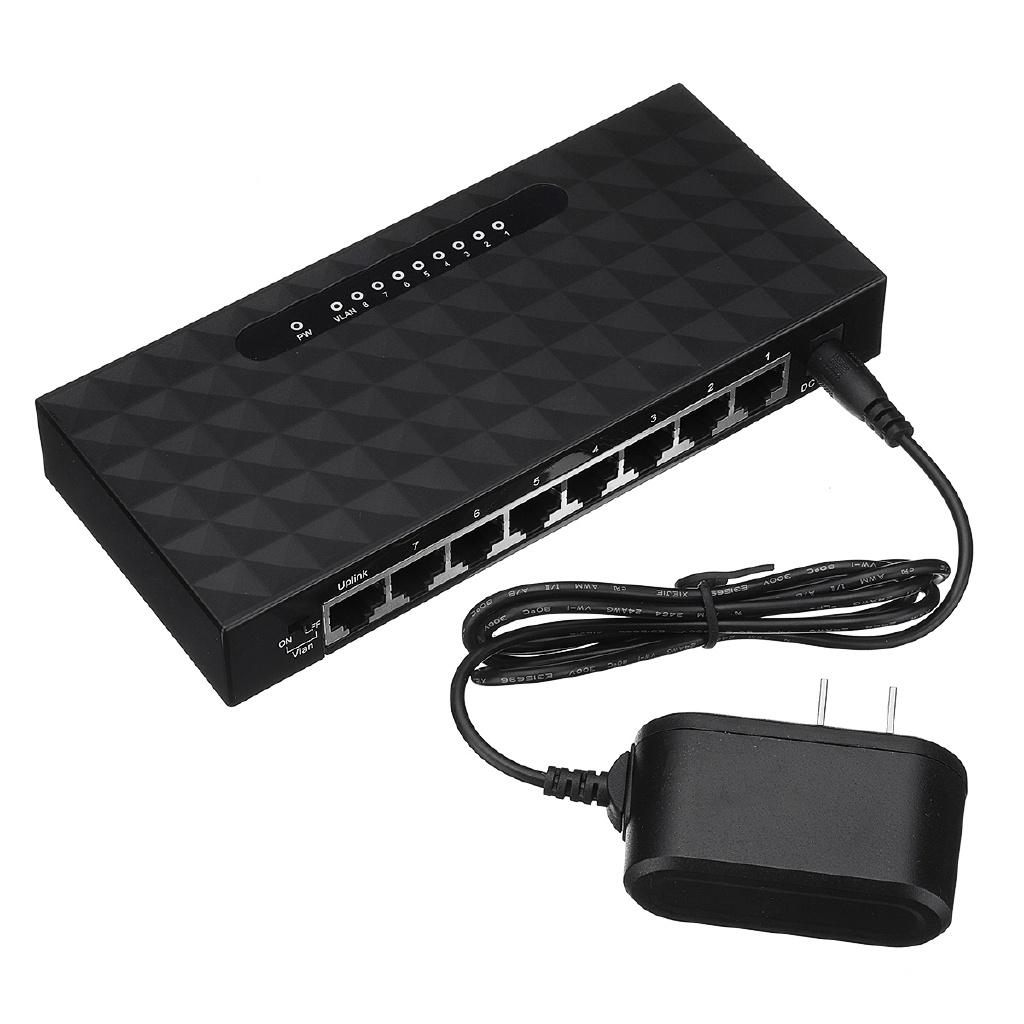 5V 10/100Mbps 8 Ports Gigabit Ethernet Network Switch Internet Hub with Power Adapter for TV Computer Games Black