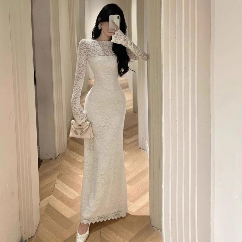 Horn Sleeve Lace Dress with High-end Feel Slim Fit and Waist Cinching Long Skirt