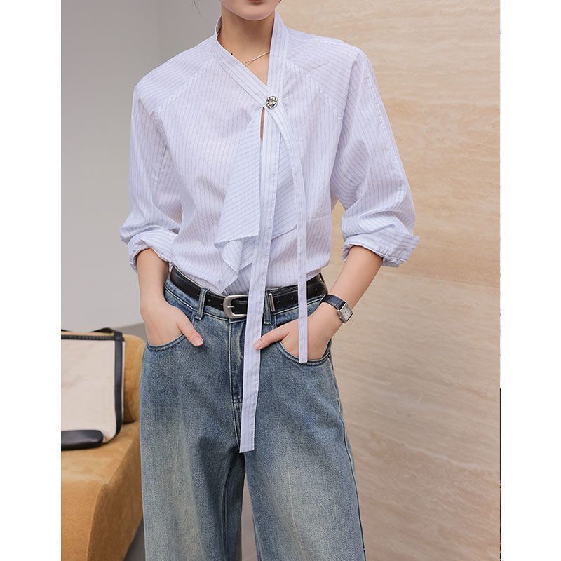 Women's Light Blue Striped Blouse Tie Neck Ruffle Detail Long Sleeve Casual Shirt