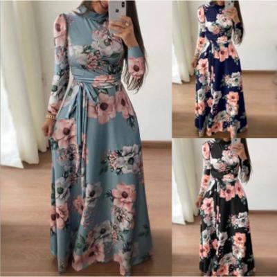 Women's Long Sleeve Maxi Dress Stand Collar Floral PrintedLong Dresses with Belt