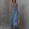 Maxi Abito da Donna Senza Maniche Scollo a V in Chiffon con Fondo Arricciato per Vacanza al Mare