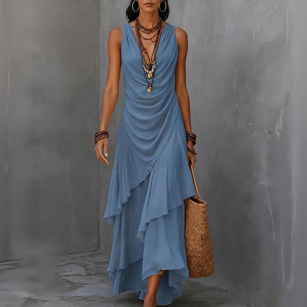 Maxi Abito da Donna Senza Maniche Scollo a V in Chiffon con Fondo Arricciato per Vacanza al Mare
