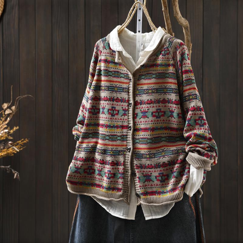 Autumn 2025 Women's Retro Print Loose Knit Cotton Cardigan