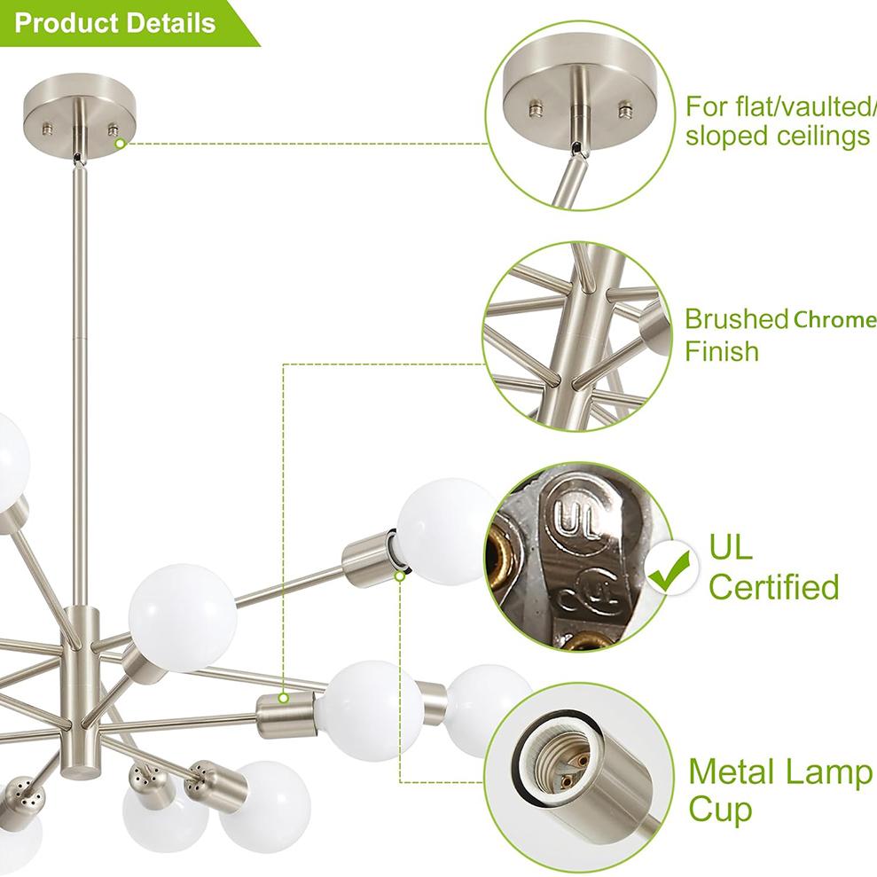 Modern Sputnik Chandeliers Light, 12-Light Chrome Chandeliers for Dining Room, Height Adjustable Ceiling Lights Farmhouse Chandelier for Kitchen