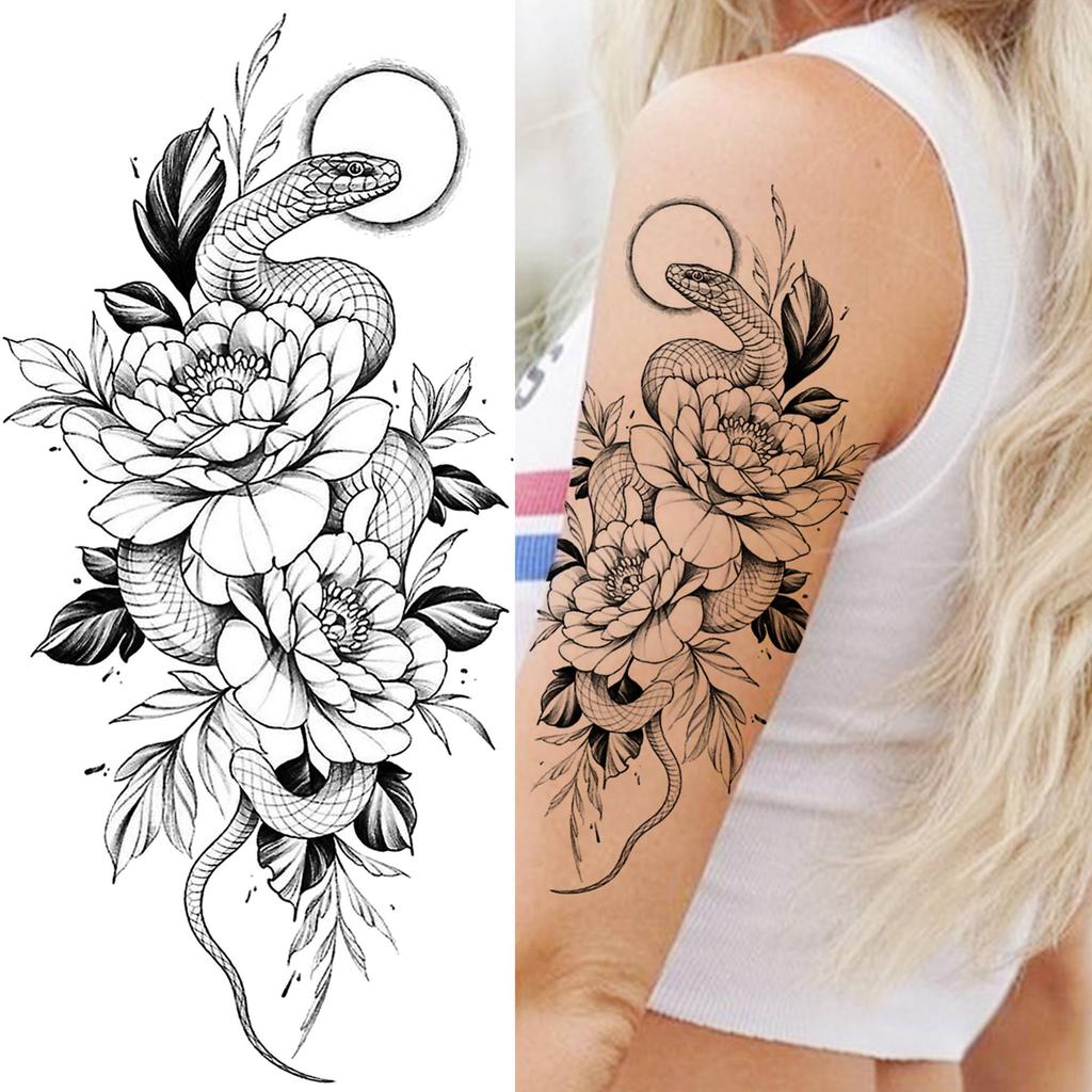 1 Sheet Black Flower Temporary Tattoos For Women Girls Realistic Fake Flora Floral Peony Tattoo Sticker Body Art Painting Decal
