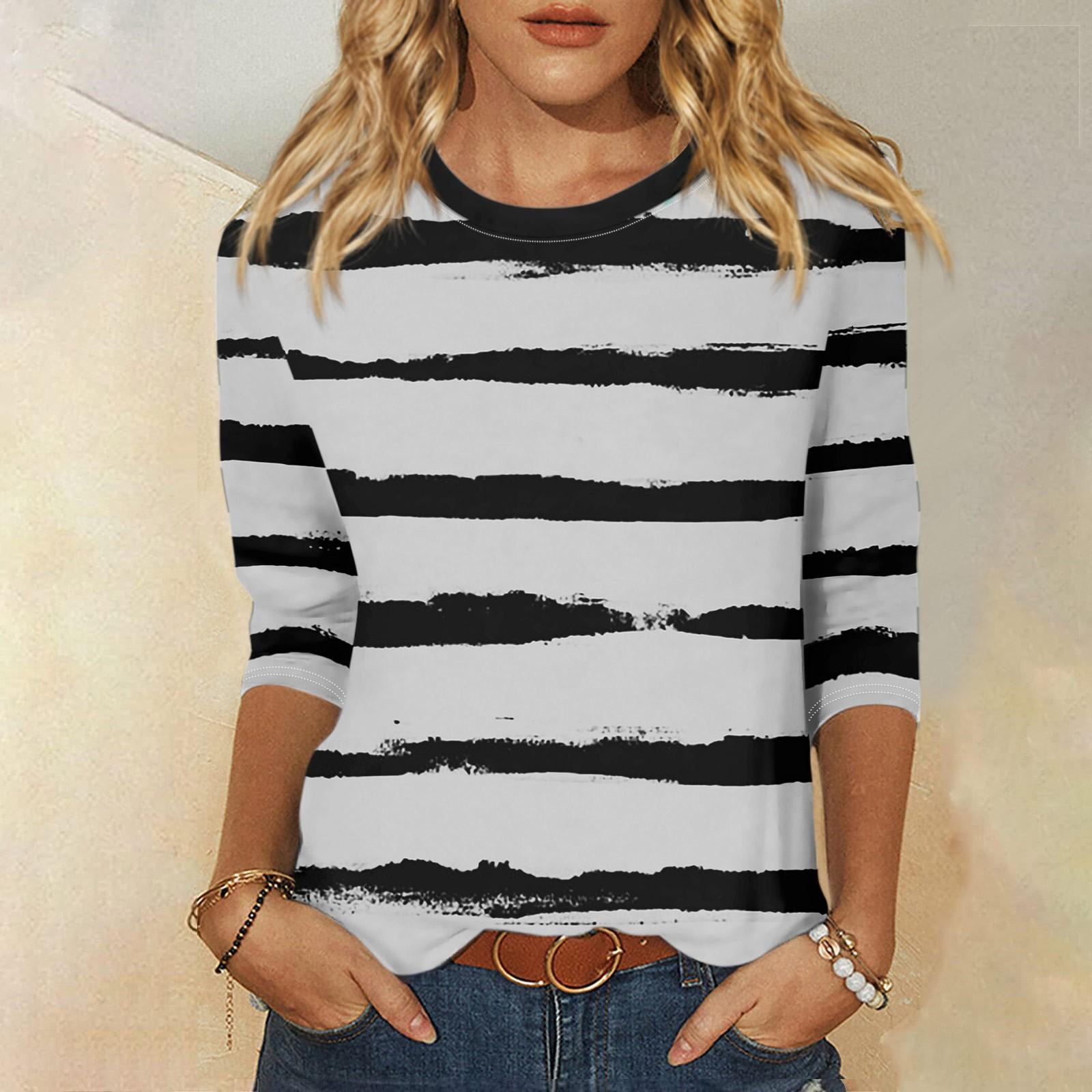 

Рубашка для женщин, модная повседневная свободная футболка с круглым вырезом и рукавами 3/4, женский топ L чёрный