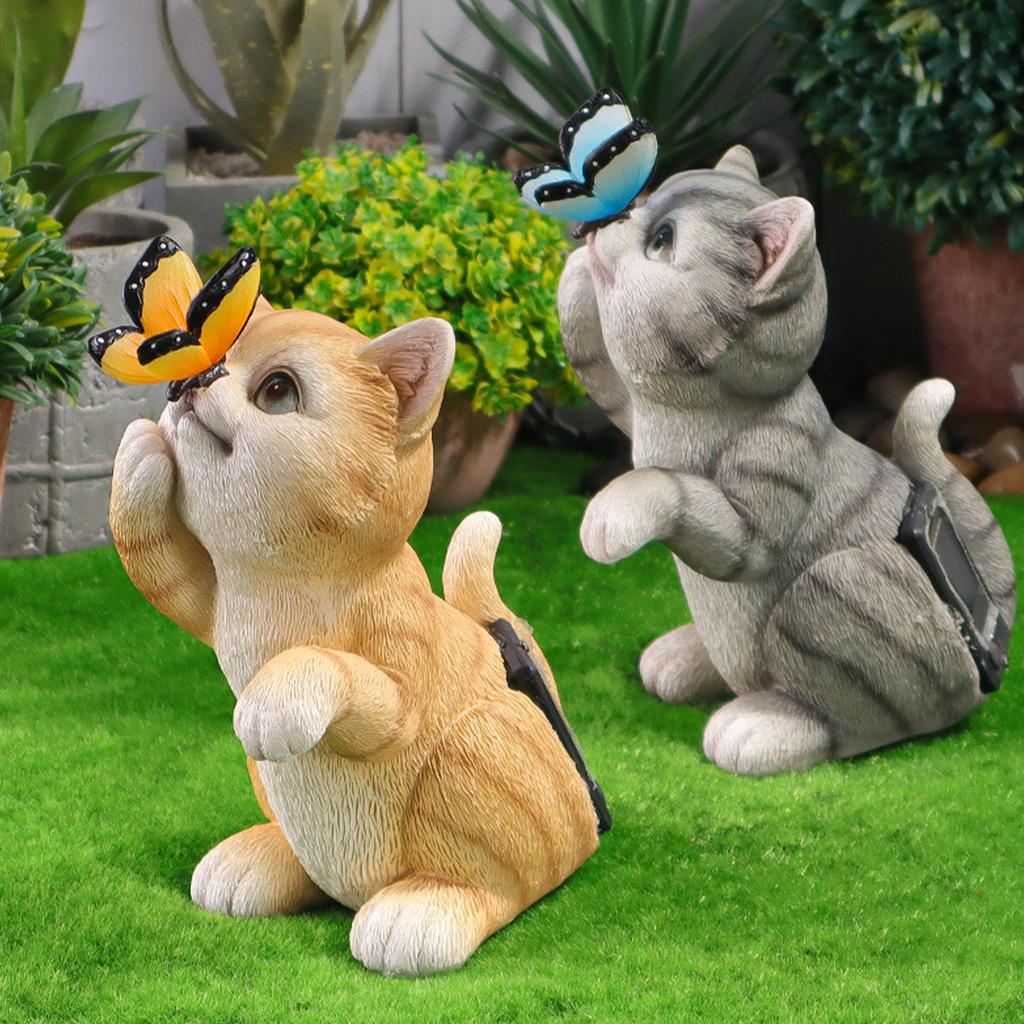 Solar Cat Butterfly Statue Cute Small Animal Decoration Outdoor Garden Ornament Decor