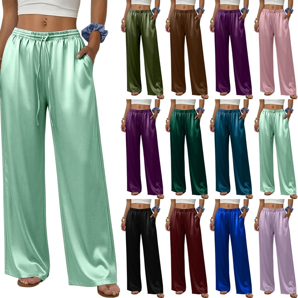 Damskie casualowe, lejące, satynowe spodnie z wysokim stanem i szerokimi nogawkami, z drapowaniem