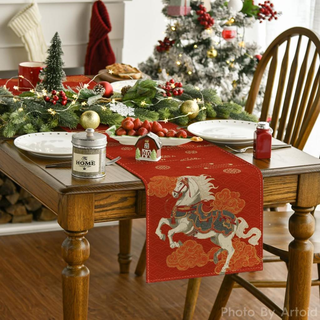 Artoid Mode Propitious Clouds Steeds Red Chinese Zodiac Horse Happy 2026 Lunar New Year Table Runner, Spring Festival Winter Kitchen Dining Table