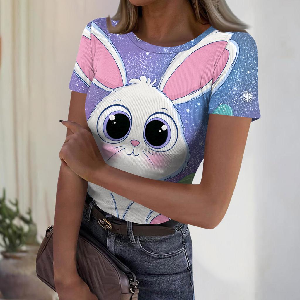 Women's Casual Fashion Round Neck Easter Print Short Sleeve Ribbed Top