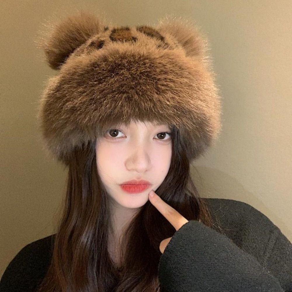 Warm Cap Leopard Print Bucket Hat Korean Style Mink Fur Fisherman Hat Autumn and Winter