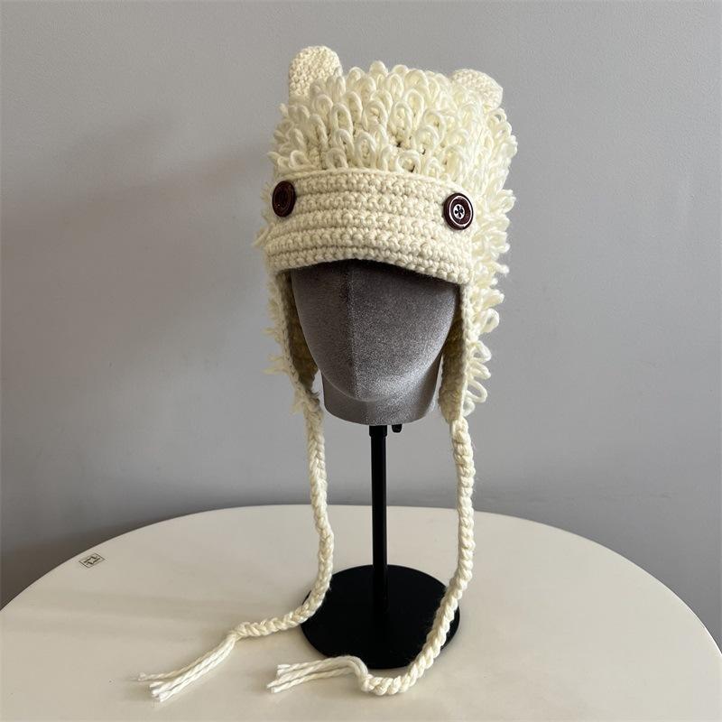 Cute Rabbit Ears Burr Feeling Hand Crocheted Male and Female Students Funny Cartoon Autumn and Winter Warm Pullover Hat