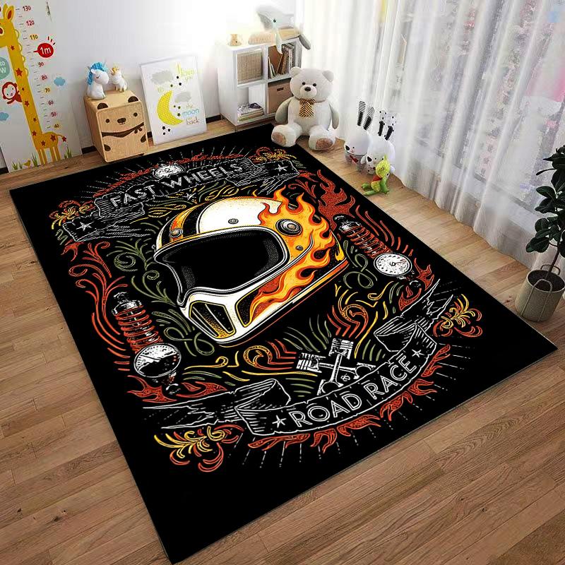 Motorcycle Helmet with Flaming Design and Road Race Graphics Carpet Suitable for Use As an Anti-slip for Living Room Bedroom Sofas