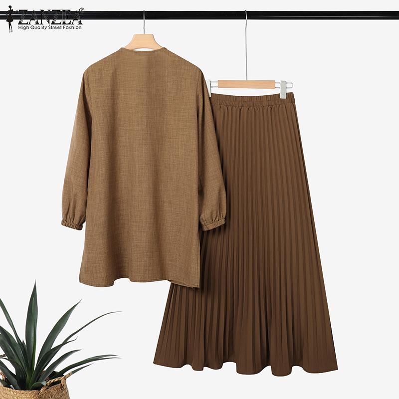ZANZEA Women Long Sleeve Blouse and Pleated Skirts Casual Two Piece Suit Sets