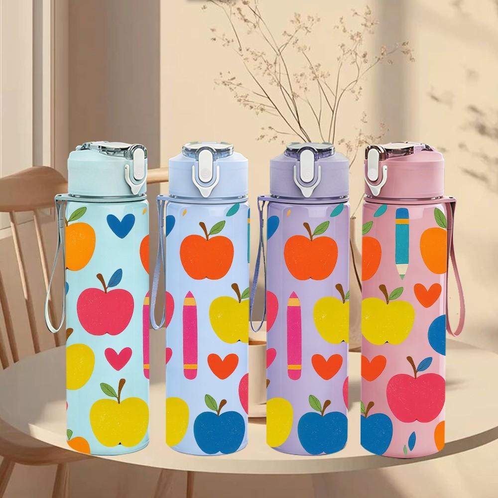 1PC Apple Heart Teacher Pattern 750ml Color Plastic Sports Water Bottle Leakproof Flip Straw Lid Suitable for Sports Office Home Use