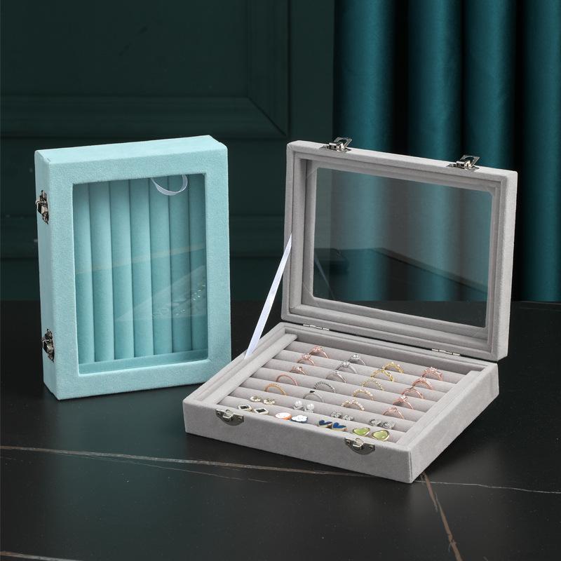 Ring Organizer Tray 7 Slots Velvet Jewelry Earring Storage Box with Clear Lid Jewelry Display Case for Girls Wife Mom Women