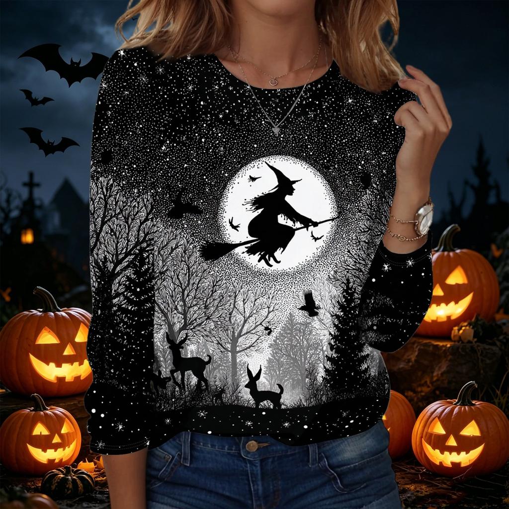 Women's Halloween Print Pullover Sweatshirt Long Sleeve Crew Neck Casual Top Lightweight Soft Fabric Comfortable Fit