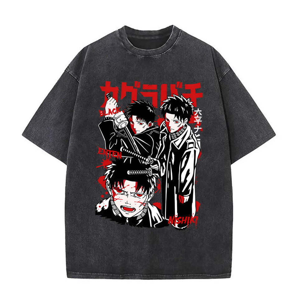 Kagurabachi Anime Gewaschenes Grafik-T-Shirt Unisex Übergroß Kurzarm Rokuhira Chihiro Samurai-Print Lässiges Rundhals-T-Shirt