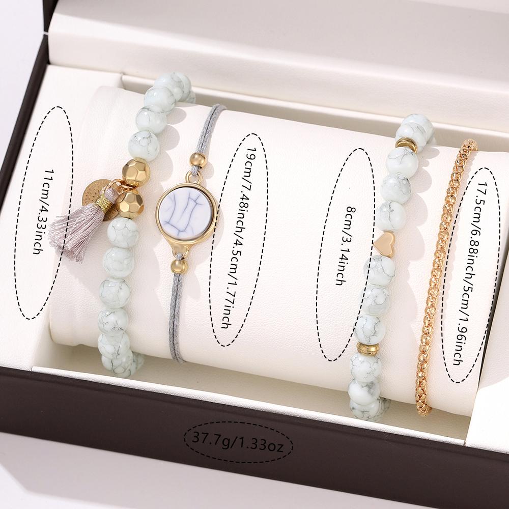 4 Piece Set Women Creative Turquoise Tassel Round Stone Bracelets Fashionable Trendy Style High End Feel Bracelet Accessories