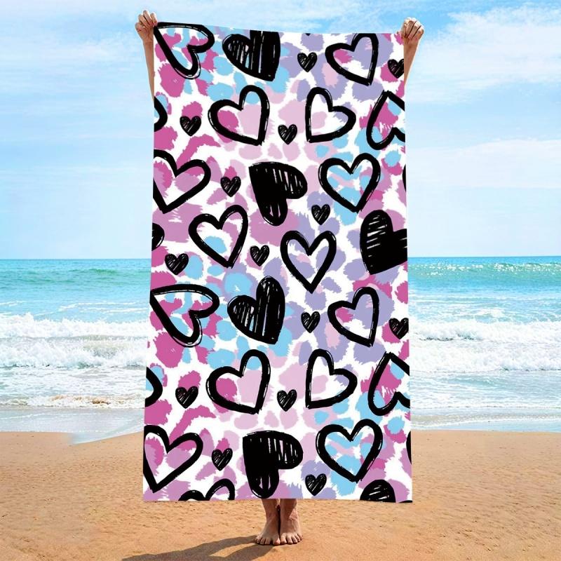 Newest Beach Towel Black Sketch Heart Pink Blue Tie Dye Background Print Quick Dry Microfiber Beach Towel Girls Pool Towel