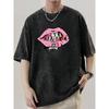 Shut Up Graffiti Pink Lips Graphic Acid Wash TShirt Vintage Hip Hop Streetwear Oversized Casual Tops for Men Women