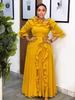 Plus Size Women's Ginger Yellow Ruffled Chiffon Dress - Waist-Cinching, Irregular Pleated Evening Gown