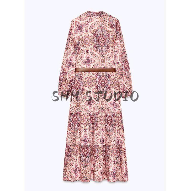 Spring New Women's Clothing Seaside Vacation Style Mid Length Long Length with Belt Print Midi Skirt Dress 2298061