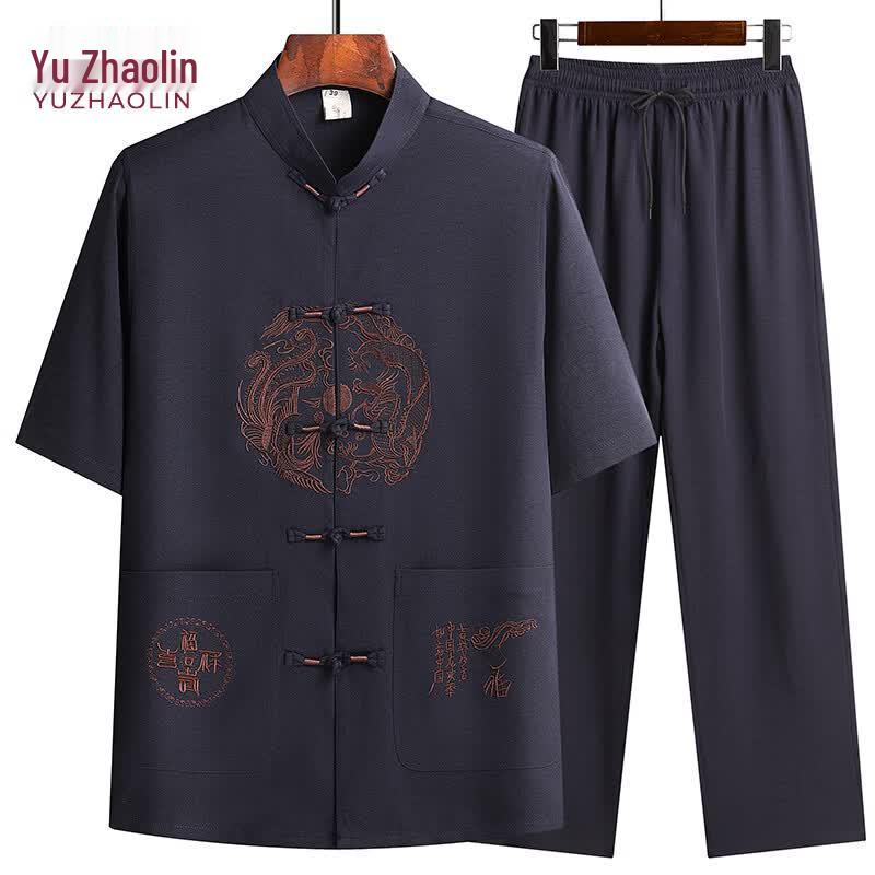 Yuzhaolin Men s Chinese Style Tang Suit Short-Sleeved Set XL
