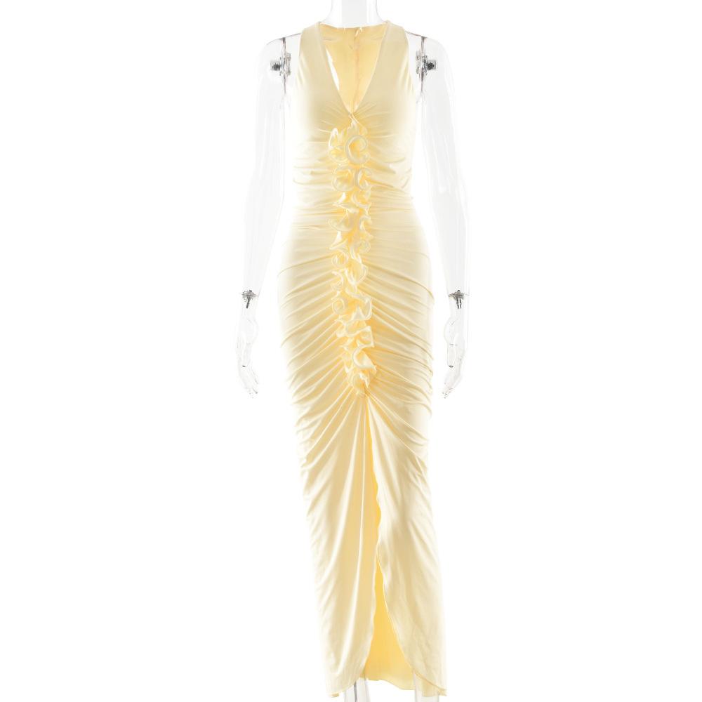 

Spring new V-neck off-the-shoulder drape dress long dress sexy tight low-cut waist dress L жовтий