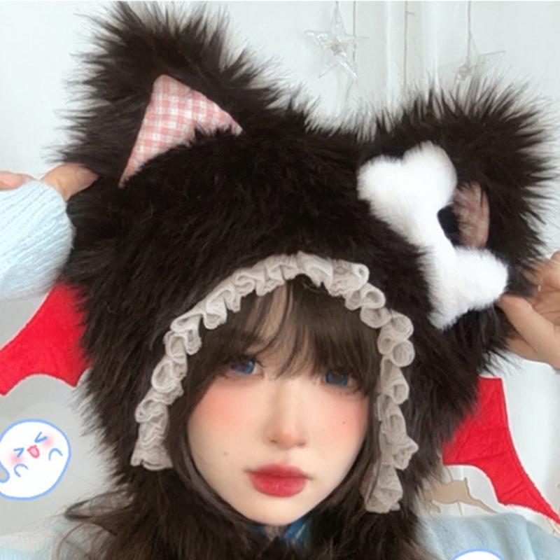 Furry Cartoon Head Cover with Ear for Outdoor Sports Furry Hat Kitten Oversized Headgear Hat for Winter